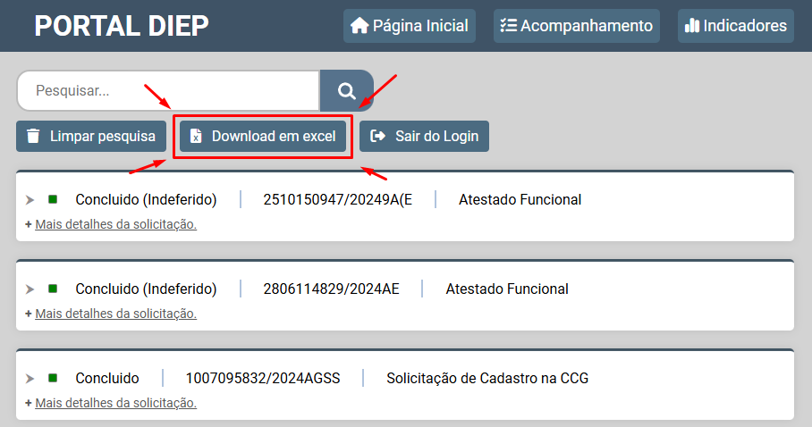 Imagem demonstrando onde encontrar 
                                o botão de donwload da planilha excel
